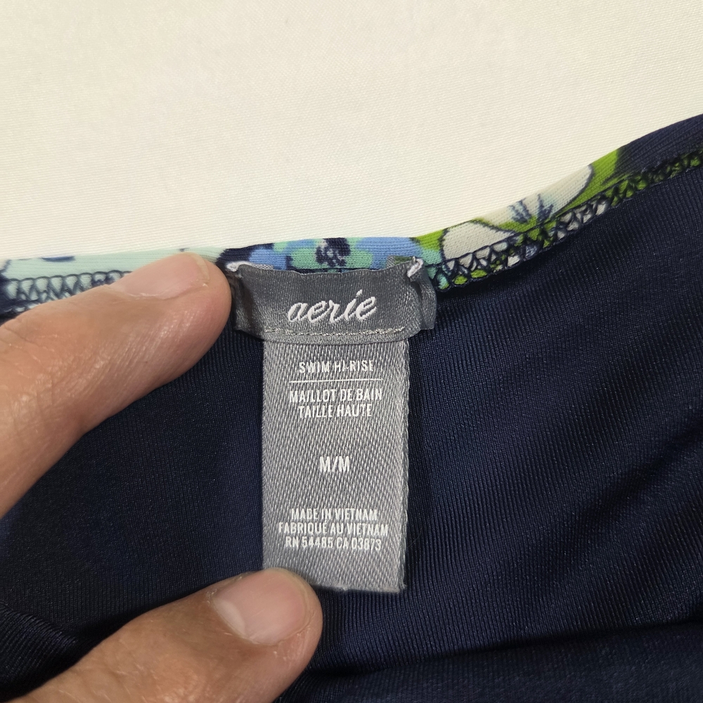 Aerie High-Waist Floral Bikini Bottoms Swim Navy & Green Feminine Summer Beach - Picture 2 of 7